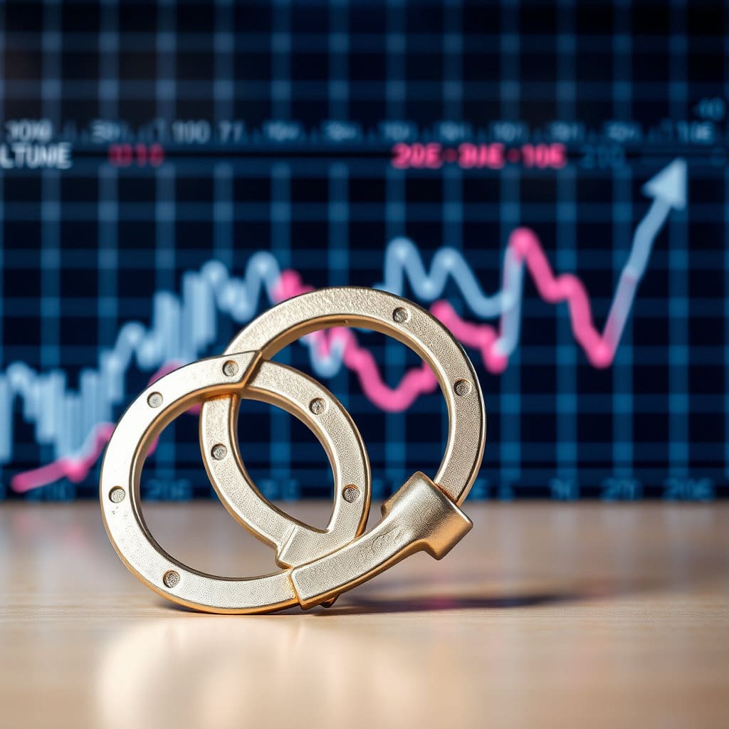 '규제'를 상징하는 표지판이나 족쇄 이미지가 특정 산업 분야에 적용되는 모습을 그립니다. 규제가 강화될 때는 시장 그래프가 하락하고, 규제가 완화될 때는 그래프가 상승하는 모습을 함께 보여줍니다. 딱딱한 규제 이미지와 유동적인 시장 그래프를 대비시킵니다.