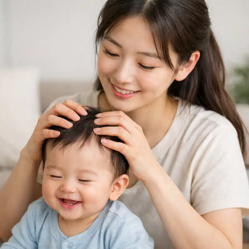 아기 두피를 마사지하는 엄마 모습