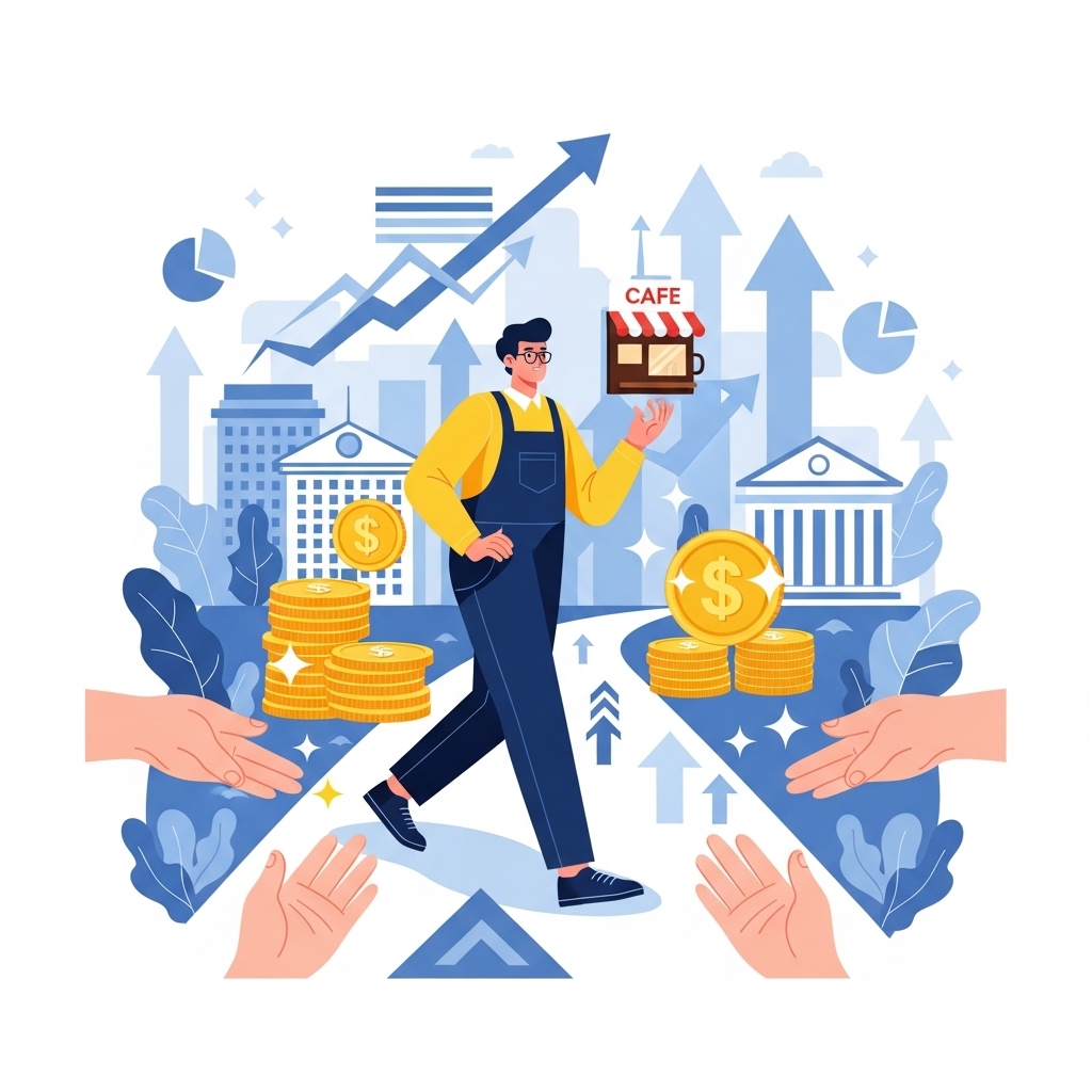 2025년 소상공인 지원금 신청 방법을 안내하는 희망찬 소상공인의 모습, 성장을 상징하는 그래픽과 함께 파란색과 회색 톤으로 표현됨