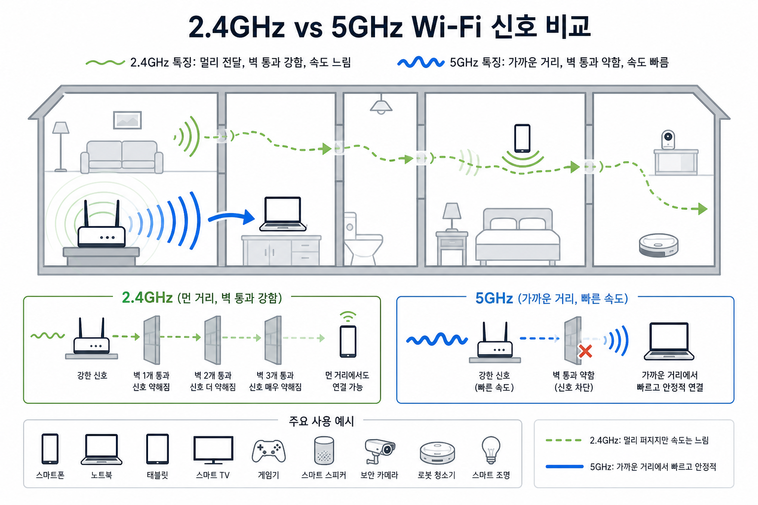 사람 없이 그린 교육용 도식 이미지. 집 안의 공유기에서 2.4GHz와 5GHz 전파가 퍼지는 모습을 한눈에 비교하는 인포그래픽. 2.4GHz는 멀리 퍼지지...