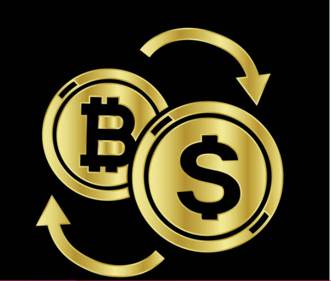 비트코인과 달러 심볼이 교환되는 암호화폐-스테이블코인 개념 이미지