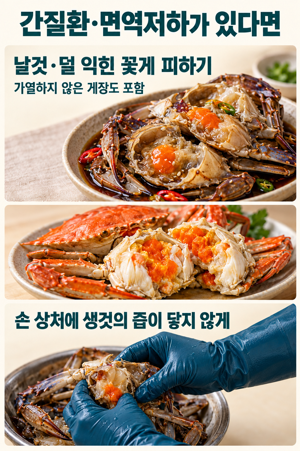 가열하지 않은 게장과 상처를 보호한 손질로 정리한 섭취&middot;접촉 주의 안내