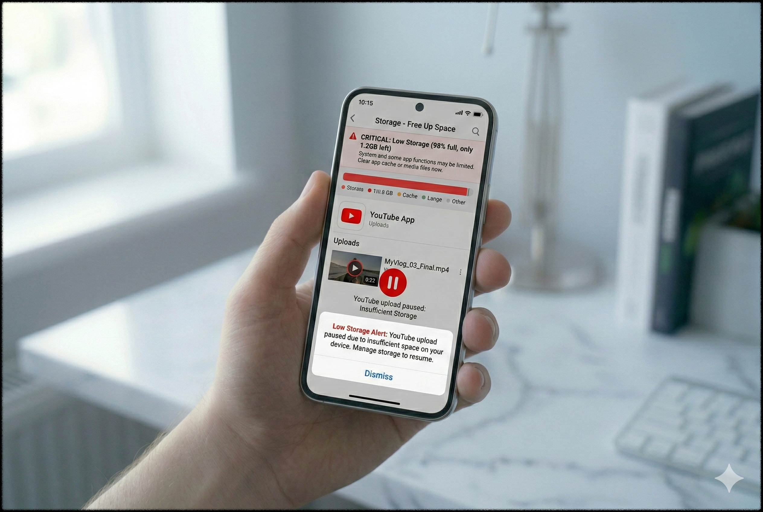 저장공간 부족으로 유튜브 업로드가 실패한 모습