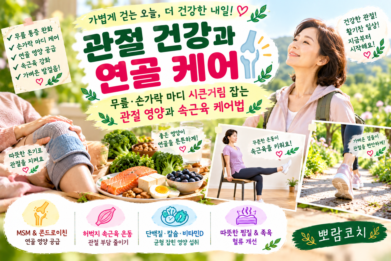 따뜻한 조명 아래 무릎에 따스한 온찜질팩을 대고 휴식을 취하는 감성 이미지 푸른 산책로를 가벼운 운동화를 신고 산뜻하게 걸어가는 발걸음 모습
