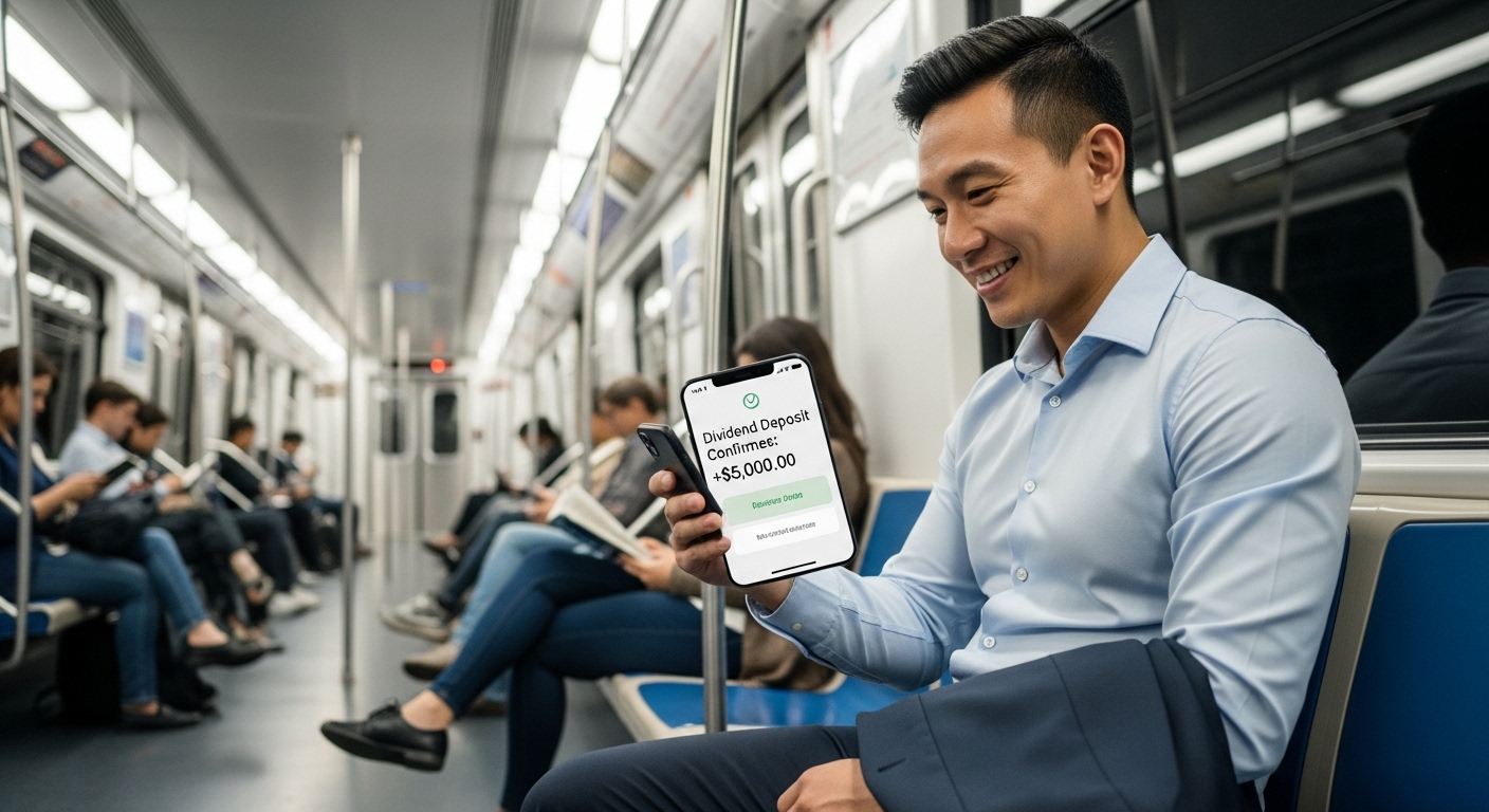 지하철에서 스마트폰으로 배당금 내역을 확인하며 미소 짓는 직장인