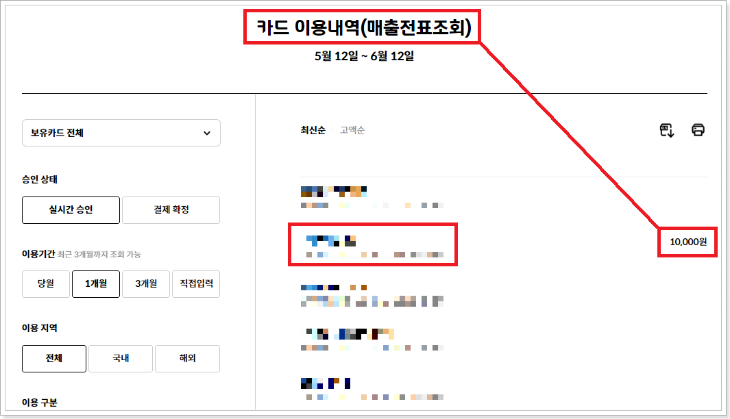 카드이용내역-조회-화면