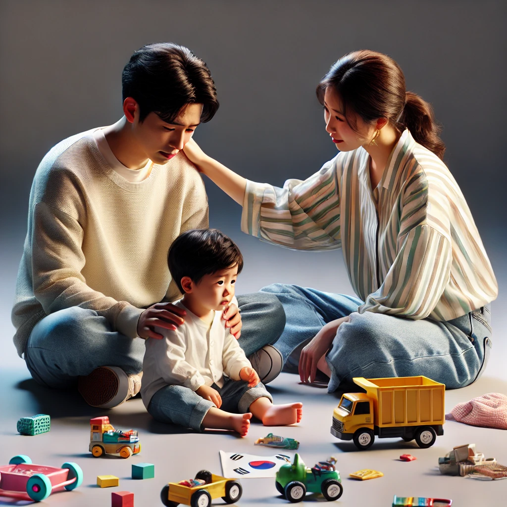 부모가 바닥에 앉아 실수로 장난감을 망가뜨린 자녀를 위로하는 모습. 장난감 조각이 주변에 흩어져 있고 부모는 부드러운 표정으로 아이에게 따뜻한 말을 전함
