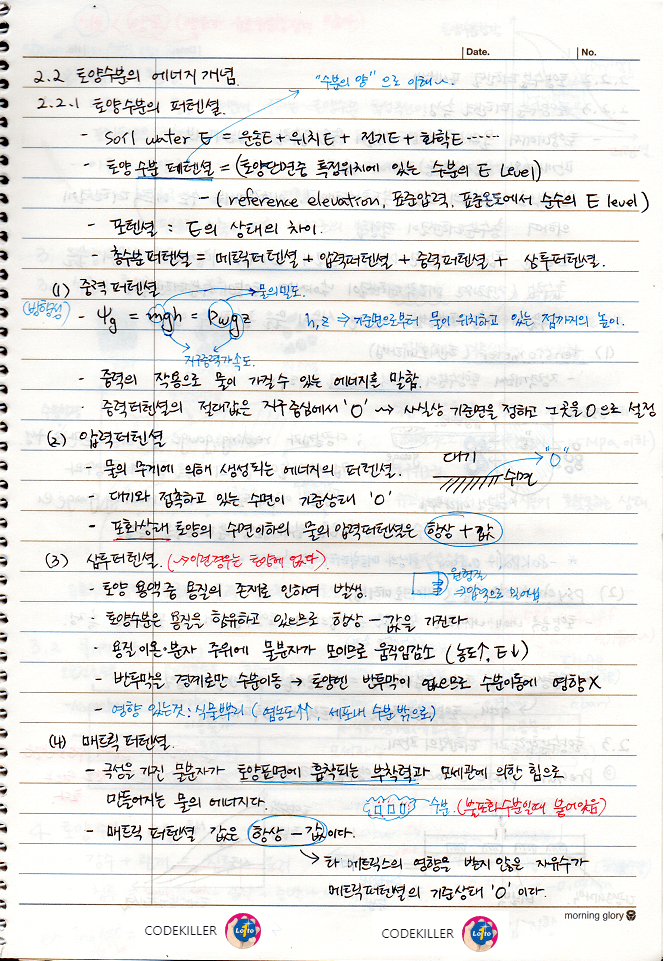 토양수분의 퍼텐셜(중력퍼텐셜, 압력퍼텐셜, 삼투퍼텐셜, 매트릭퍼텐셜)