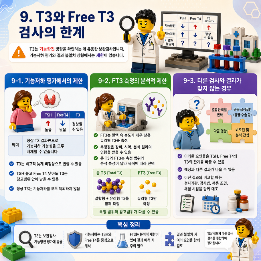 T3와 Free T3 검사의 한계, 기능저하 평가와 FT3 분석 제한 및 결과 불일치 원인을 설명하는 레고 스타일 메디컬 인포그래픽