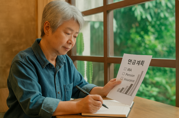 창가에 앉은 중년 여성이 연금계획 문서를 보며 노트에 기록하고 있다