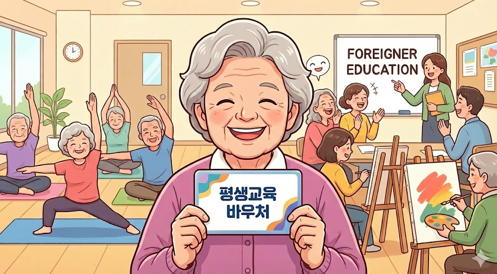 밝은 표정의 어르신이 평생교육 바우처 카드를 들고 있고, 주변에는 요가, 외국어 학습, 그림 그리기 등 다양한 복지관 수업 활동이 활기차게 펼쳐지는 모습