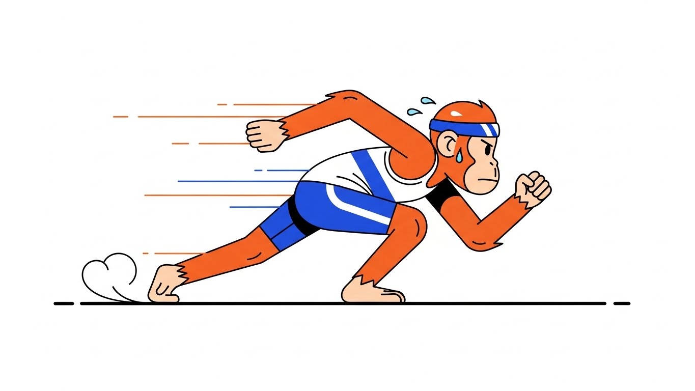 트랙 위를 달리며 경쟁 속에서 열정을 불태우는 원숭이 캐릭터 일러스트