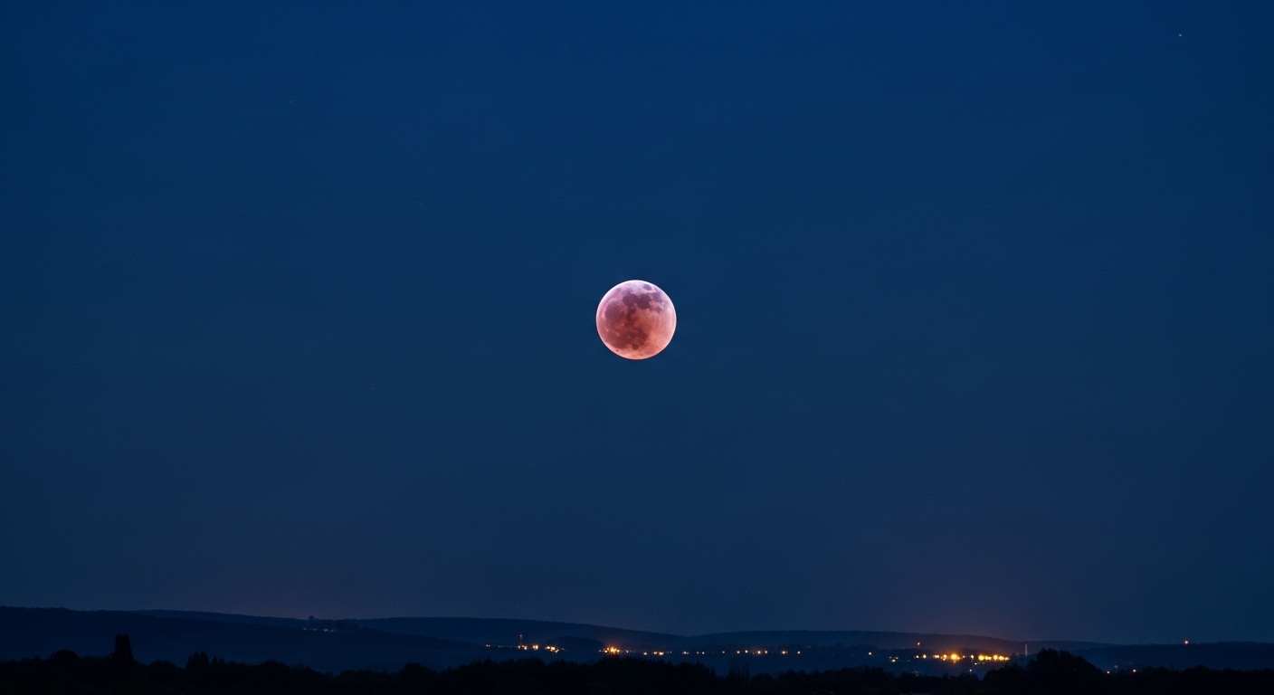 어두운 밤하늘, 붉은 빛을 띠는 개기월식을 맨눈으로 경이롭게 관측하는 사람들의 실루엣.