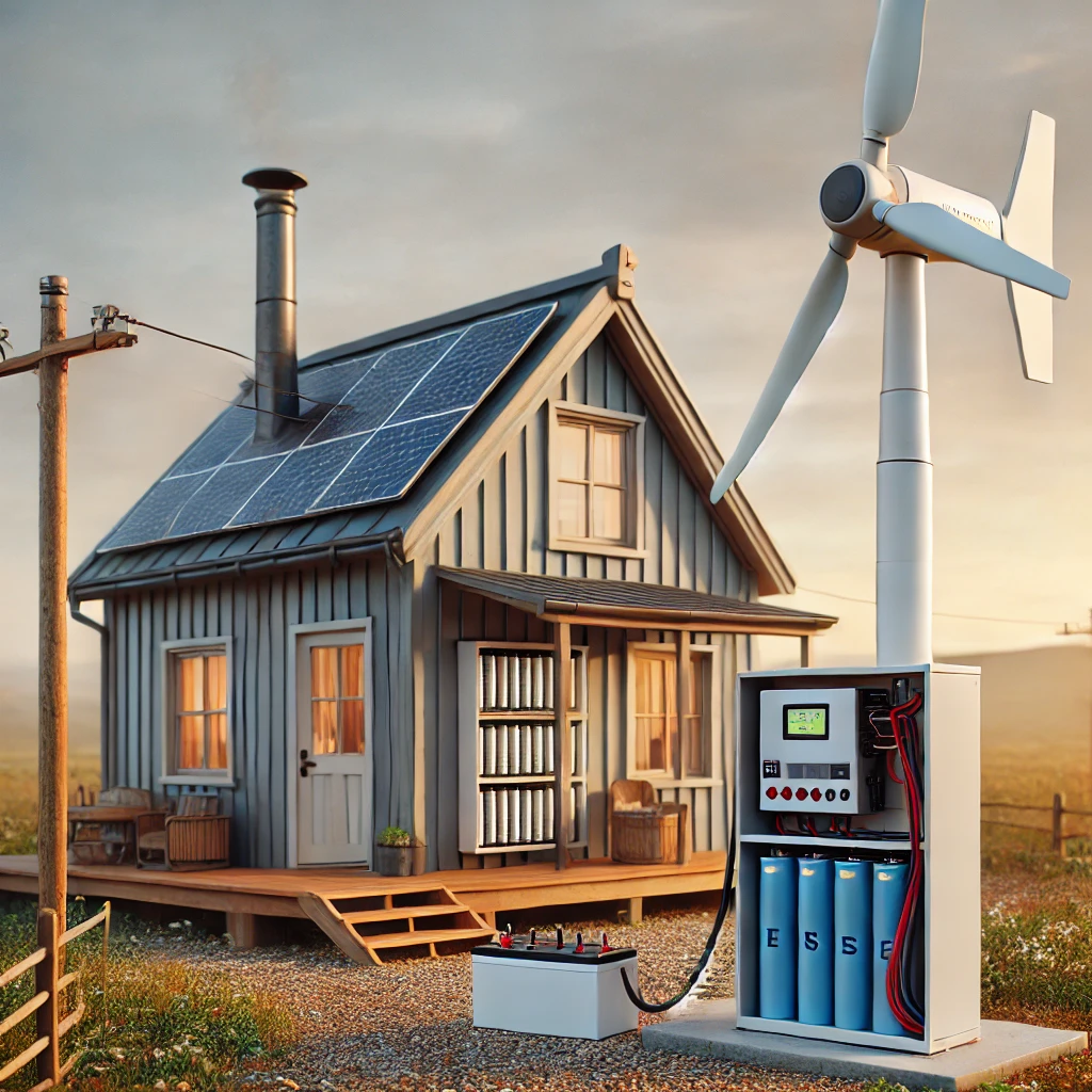 소형 풍력 발전기와 ESS 시스템이 설치된 오프그리드 친환경 자가발전 구성