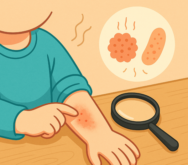 아기의 팔에 생긴 땀띠나 피부 발진을 확대 관찰하는 삽화 이미지, 돋보기와 피부염 표현 포함