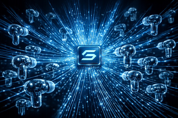 블루투스 LE 오디오 기술과 오라캐스트의 다중 연결 구조 시각화.