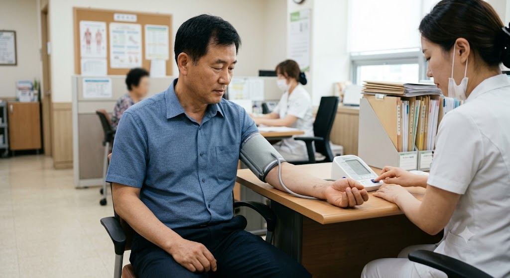간호사 앞에서 혈압을 재고 있는 사람의 이미지