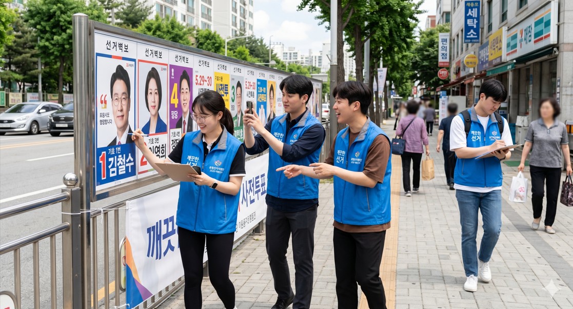 공정선거지원단 조끼를 입고 선거 벽보를 점검하는 활동적인 대원들의 모습
