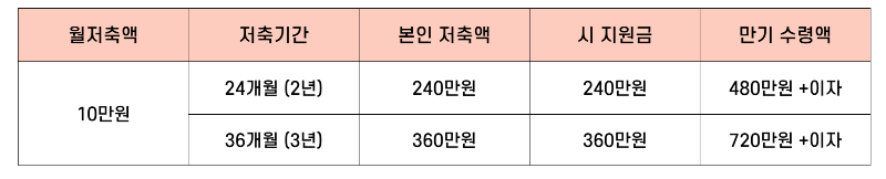 월 저축액 및 지원내용