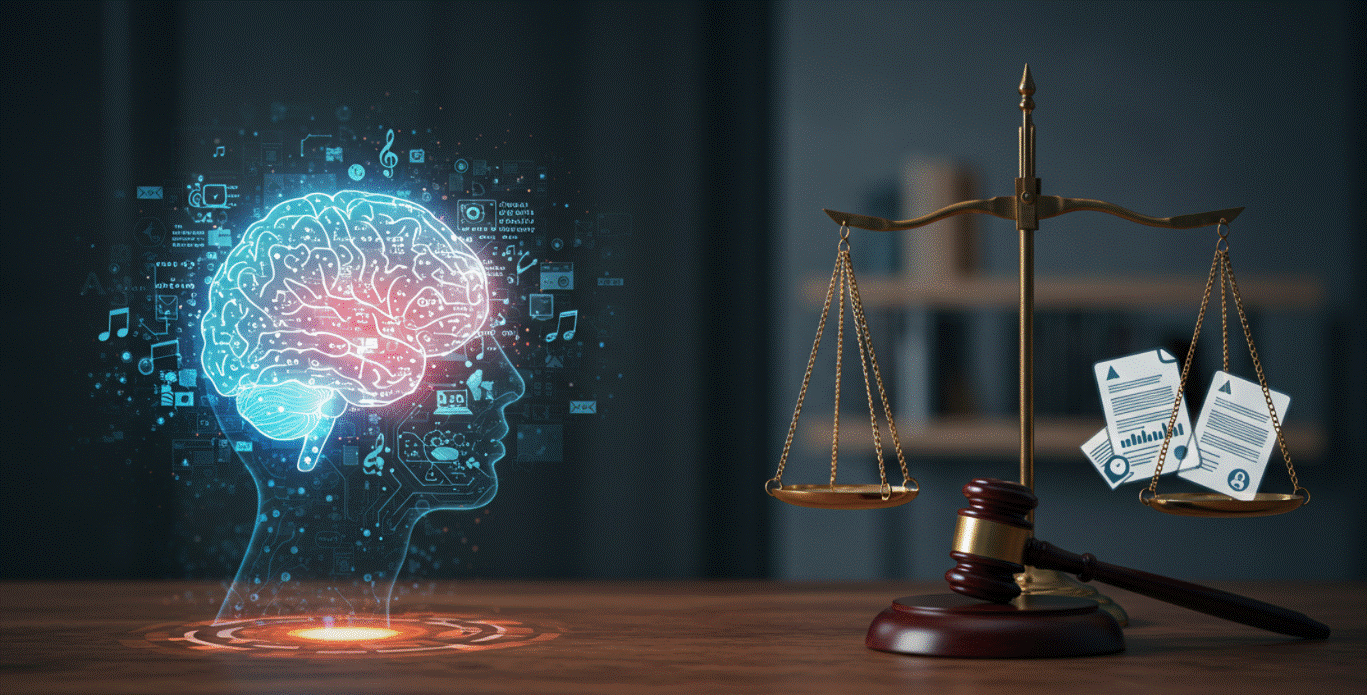 사람의 뇌를 형상화한 디지털 이미지와 의사봉과 저울이 마주보고 있다