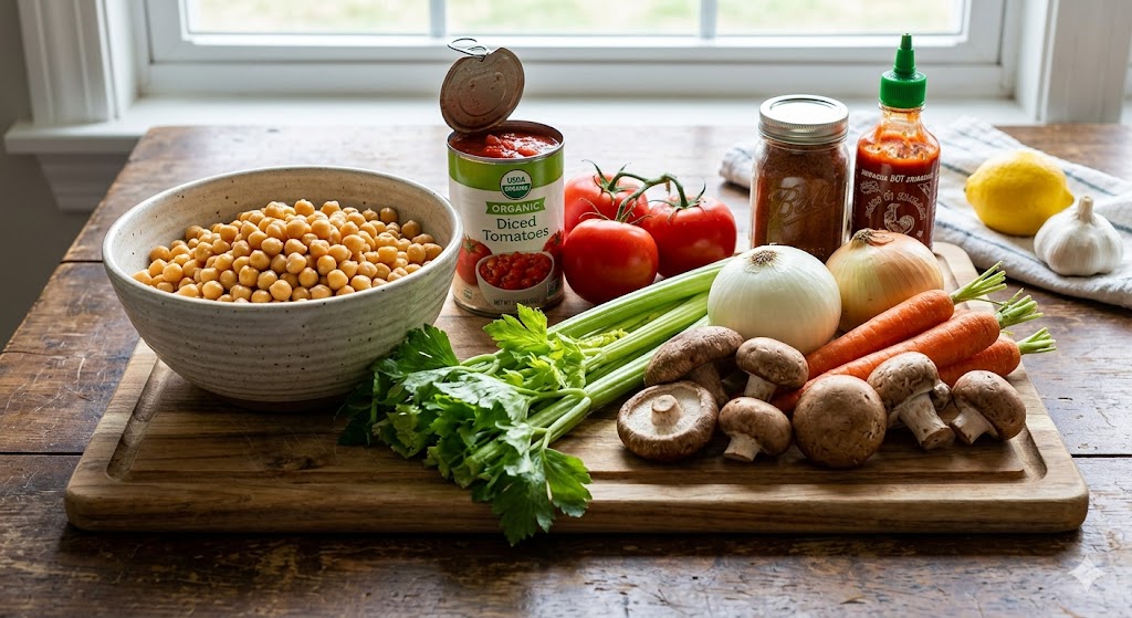 요리 시작 전 나무 도마 위에 정갈하게 준비된 병아리콩 야채 스프의 재료들. 커다란 그릇에 담긴 불린 병아리콩, 홀토마토 캔, 신선한 생토마토, 줄기 샐러리, 양파, 당근, 양송이버섯, 그리고 맛의 포인트가 될 스리라차 소스와 케이준 시즈닝, 마늘, 레몬이 한눈에 보이게 배치된 모습.