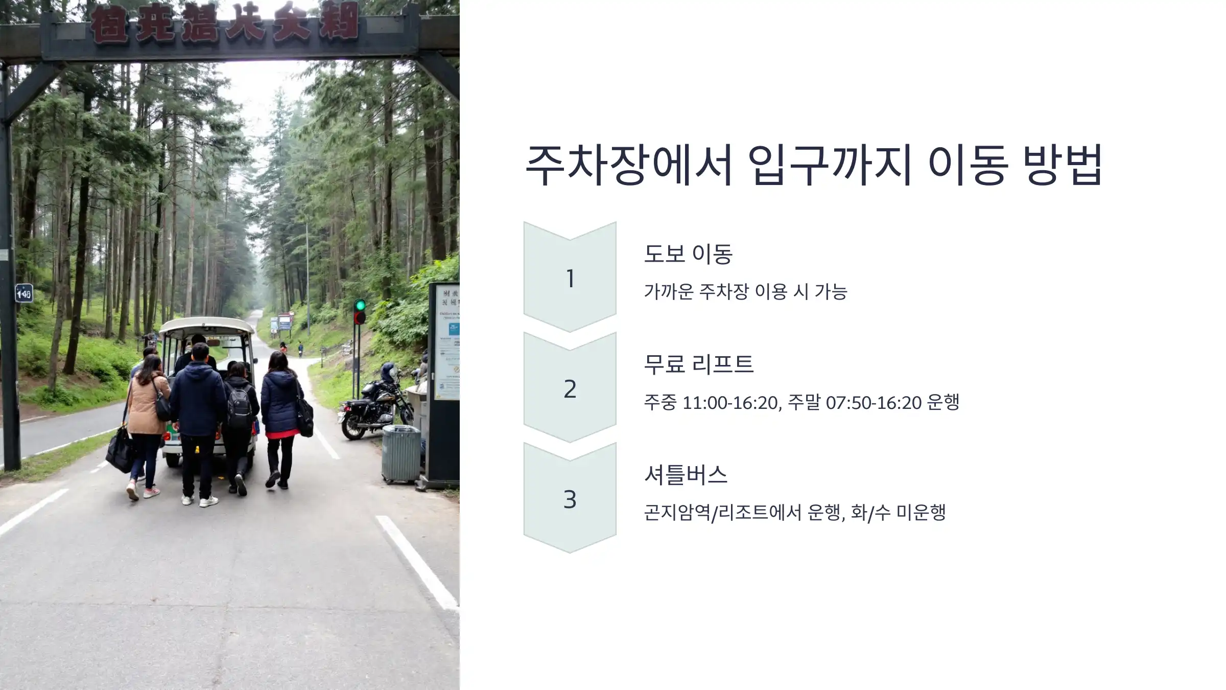 화담숲 무료주차장, 오르막 주차장, 내리막 주차장, 곤지암 리조트 주차장, 화담숲 온라인 예매