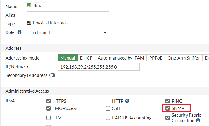 Interface - Administrative Access SNMP 설정