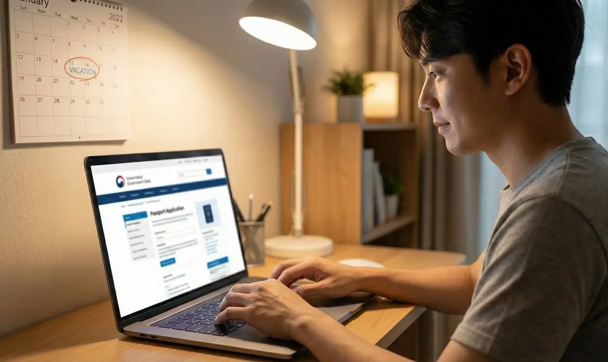집에서 노트북을 통해 편리하게 온라인으로 여권을 신청하는 모습