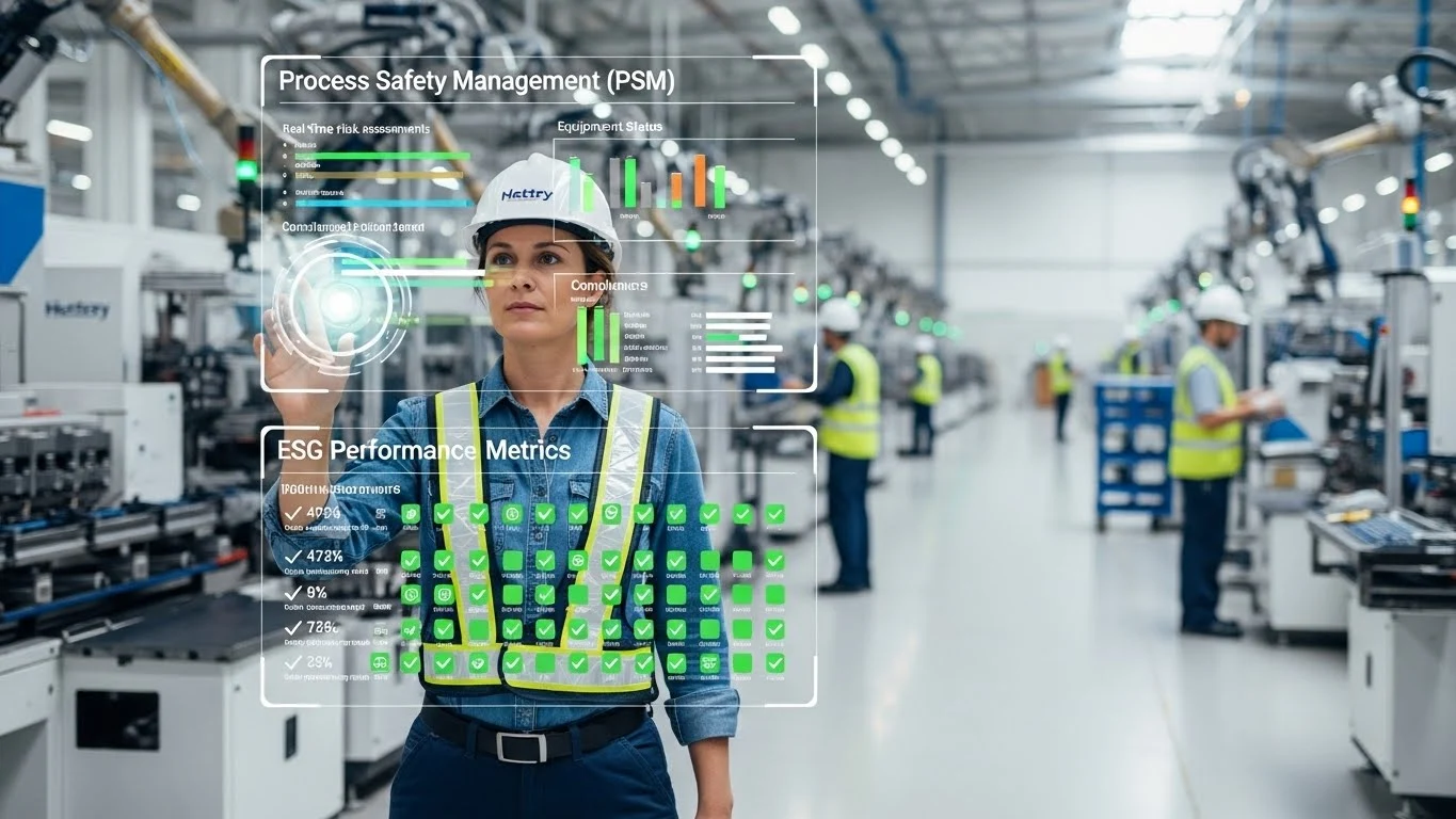 안전모를 쓴 관리자가 최신 설비가 갖춰진 공장에서 공정안전보고서(PSM) 및 ESG 성과 데이터를 확인하며 체계적인 경영 리스크 관리를 하는 모습.
