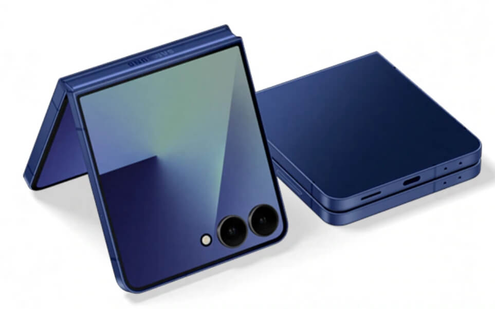 갤럭시 폰 두개가 하나는 세워져 있고 하나는 눕혀져 있는 모습