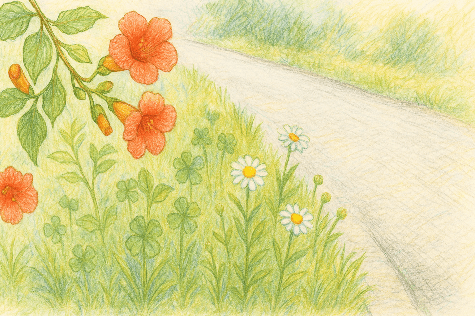 일상 골목에서 만나는 잔디와 능소화, 풀 이미지