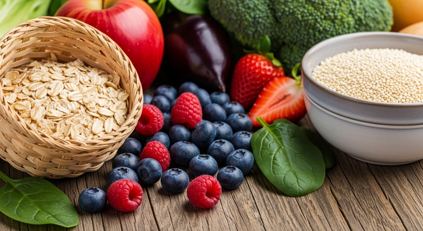 섬유질이 풍부한 통곡물, 과일, 채소들이 식탁에 놓여 있는 모습. 건강한 식단이 장 건강에 중요함을 나타낸다.