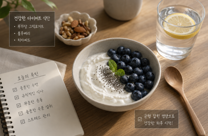 블루베리와 그릭요거트로 구성된 건강한 다이어트 식단 이미지