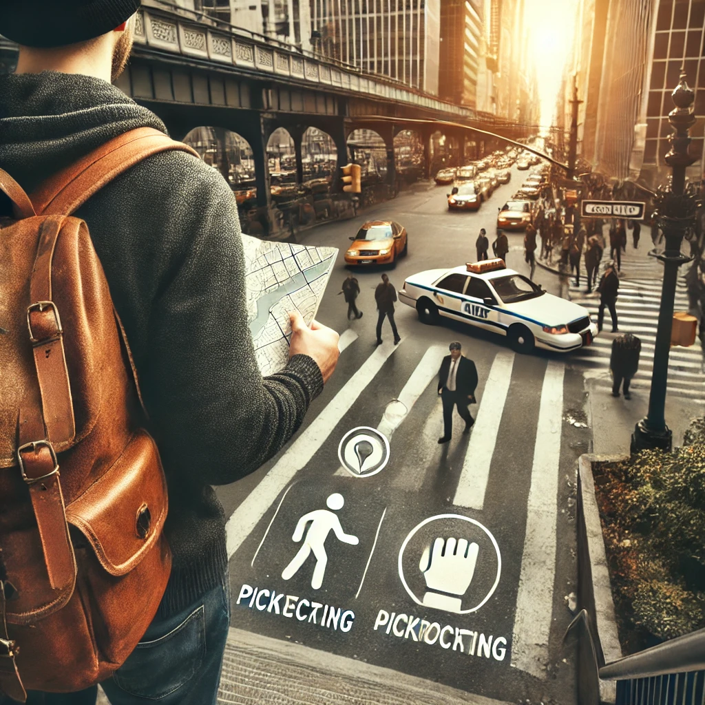 뉴욕 거리에서 여행객이 주의해야 할 상황을 묘사하는 이미지