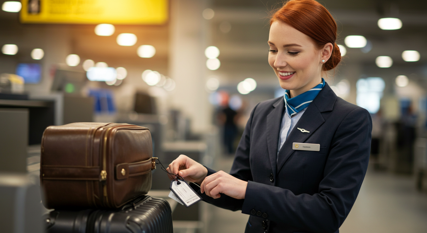수하물에 항공사 태그를 부착하는 모습