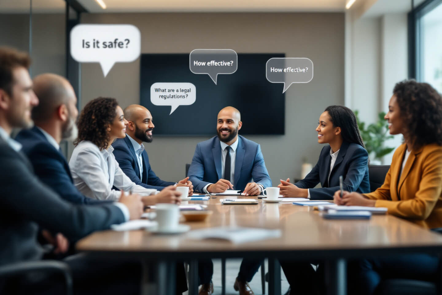 A diverse group of professionals in a conference room engaged in a positive discussion. Speech bubbles highlight key questions such as &quot;Is it safe?&quot; and &quot;How effective?&quot; reflecting collaborative progress toward innovative mental health treatments.