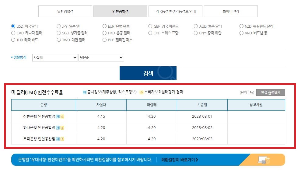 인천공항점 환전수수료율