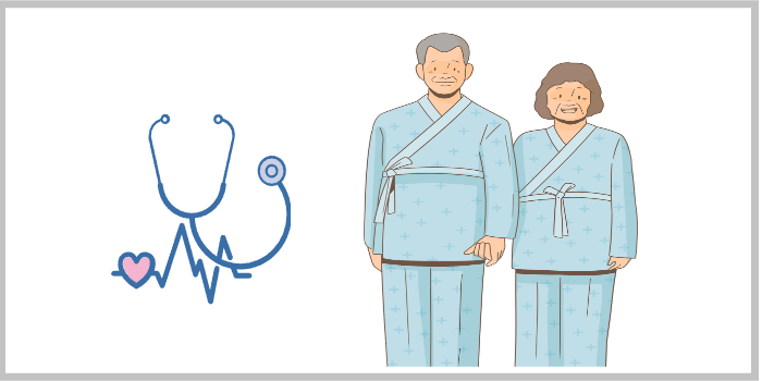 "검진복을 입은 중장년 남녀가 나란히 서 있는 모습과 청진기 아이콘이 함께 있는 건강검진 관련 일러스트"