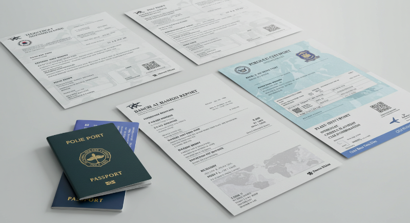 여행자 보험 청구를 위한 여권, 진단서, 영수증 등 필수 서류 모음.