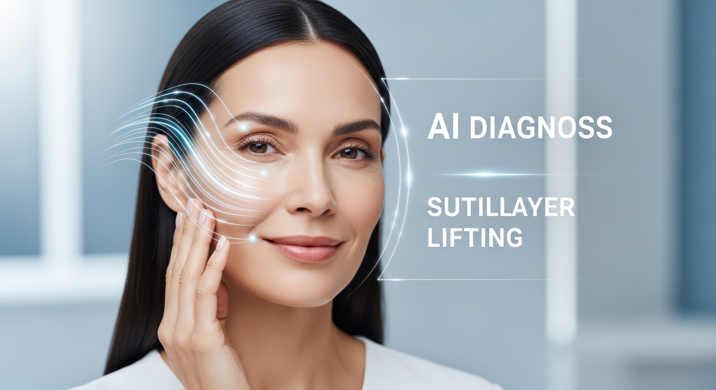 2026년 최신 AI 진단 기술로 개인 맞춤형 리프팅 시술을 받는 듯한 자연스럽고 탄력 있는 피부의 여성.