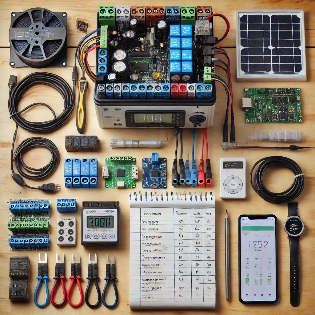 ESS 자작을 위한 배터리, 인버터, 컨트롤러, 릴레이 등 부품이 정리된 책상 위 구성도 – 초보자용 구성 예시