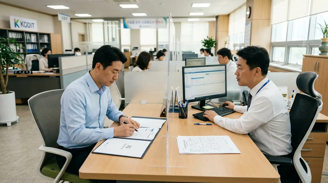 한국의 신용보증기금 지사 상담 창구에서 기업 대표가 공인 보증서 발급 신청 요건을 실실간으로 교차 검증하는 모습