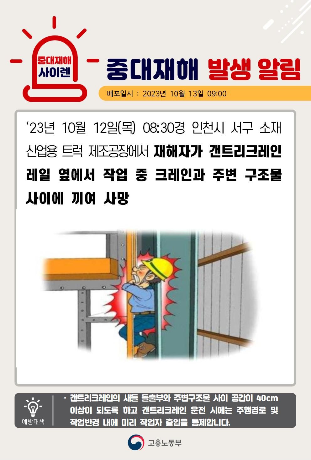 갠트리크레인 레일 옆에서 작업 중 크레인과 주변 구조물 사이에 끼임