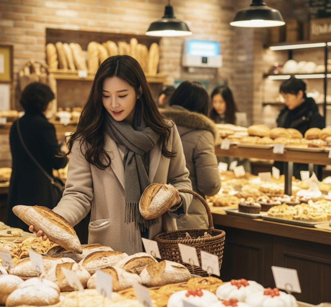 여성이 베이커리에서 빵을 사고 있는 모습