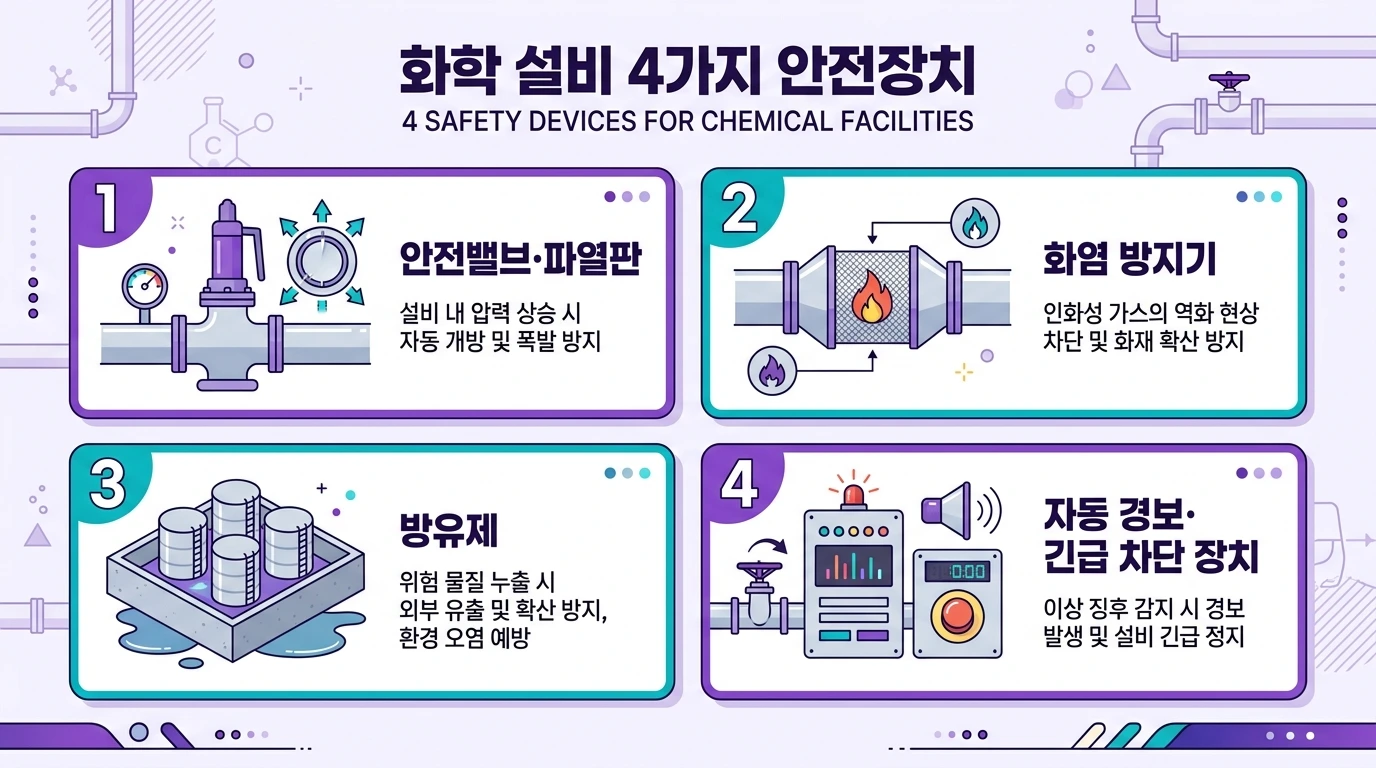 화학설비 안전장치 4가지를 보여주는 그리드 인포그래픽