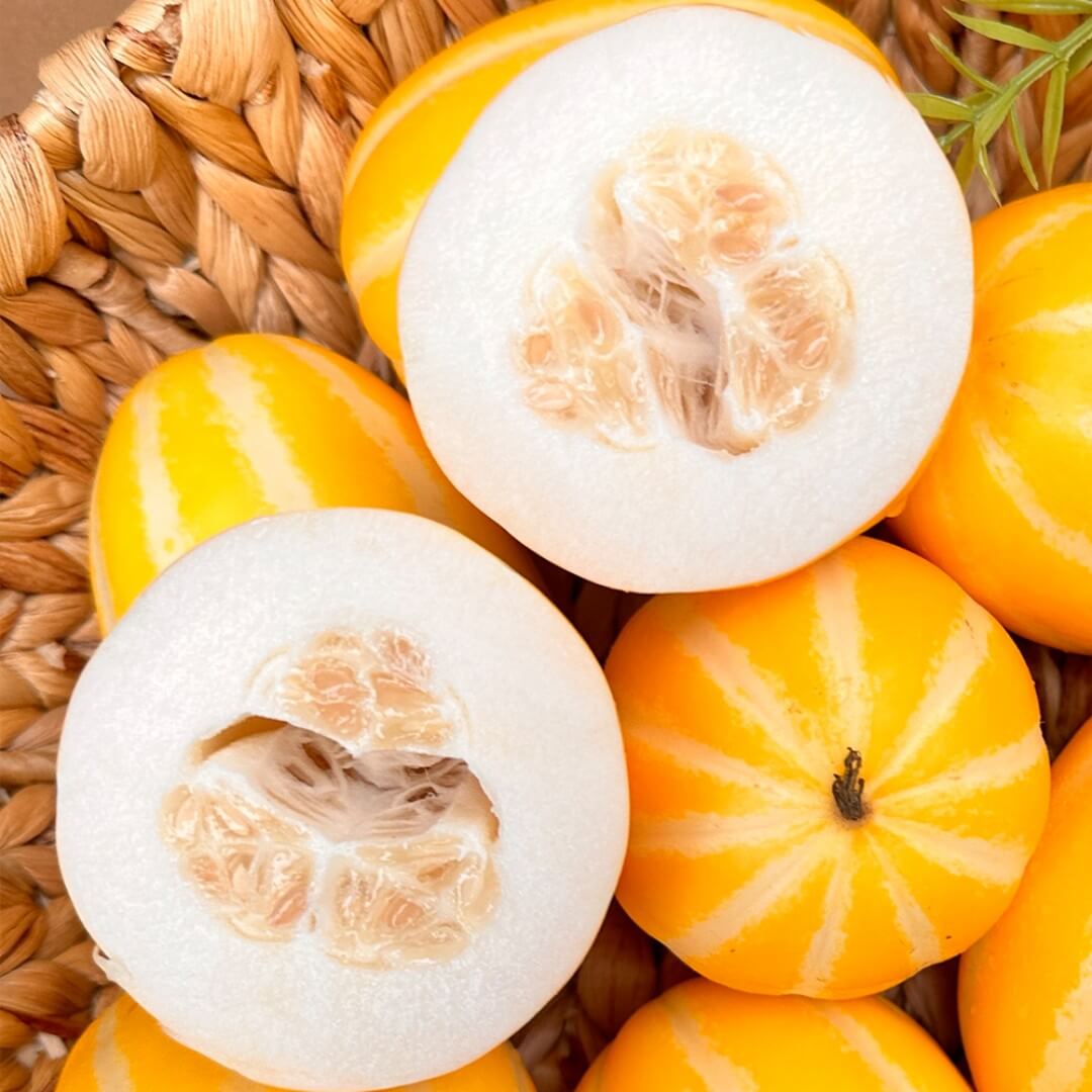 성주 참외를 반으로 잘라 과육과 씨를 확인한 이미지