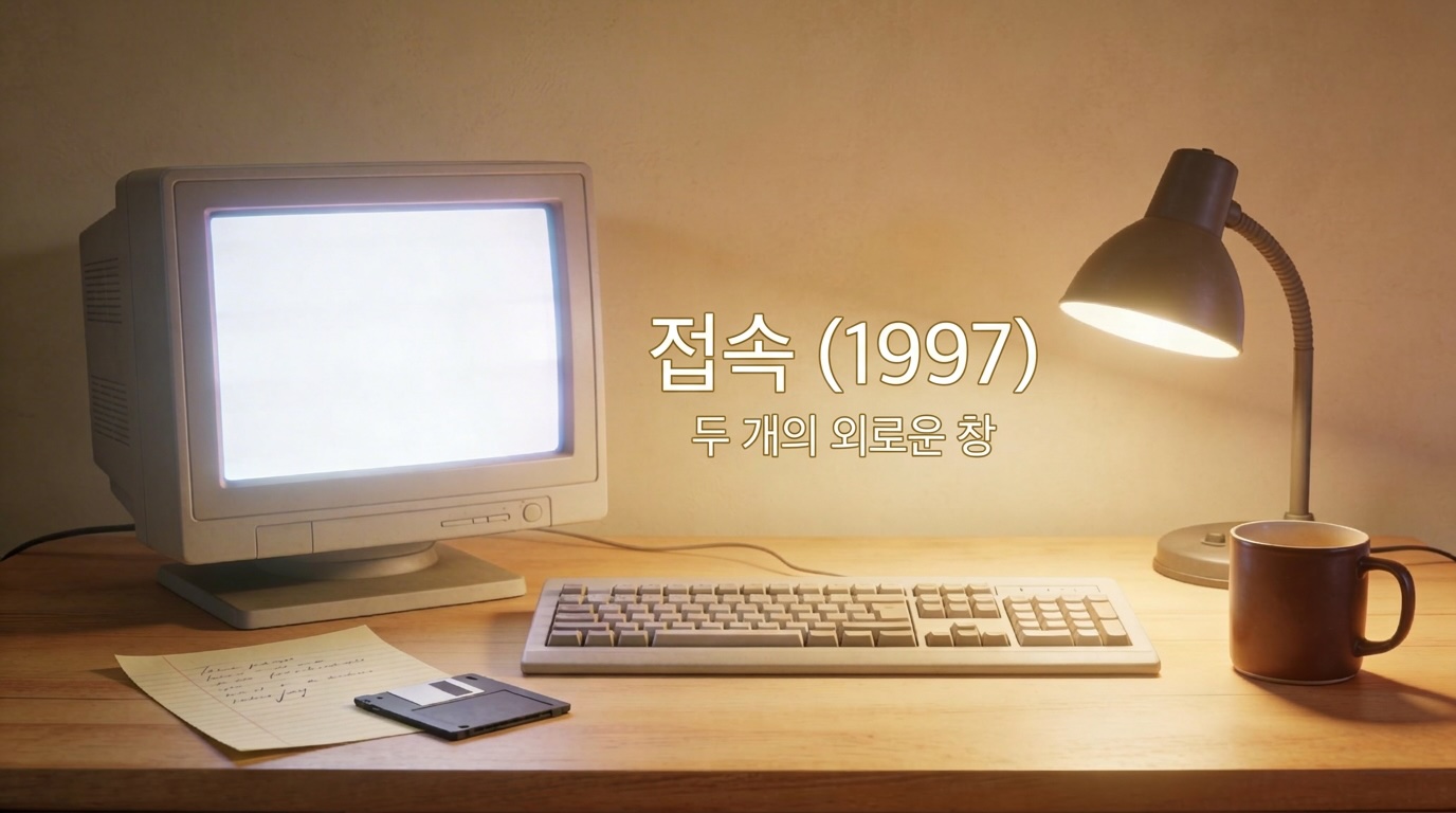 한국영화 접속 1997 리뷰용 커스텀 썸네일, 90년대 말 레트로 감성의 구형 pc 통신 모니터와 키보드, 그리고 노란 스탠드 불빛 아래 놓인 플로피 디스크와 손편지의 고요하고 아련한 여백 풍경