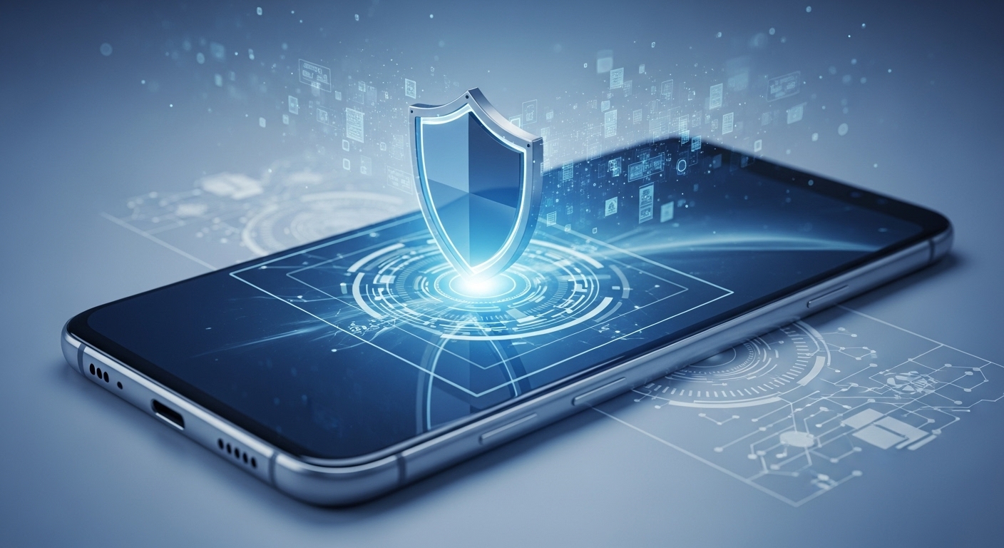 갤럭시 스마트폰 화면에서 파란색 보안 방패 아이콘이 빛나며 강력한 디지털 보안을 상징하는 모습, 주변에는 보호되는 데이터 네트워크가 흐릿하게 보인다.