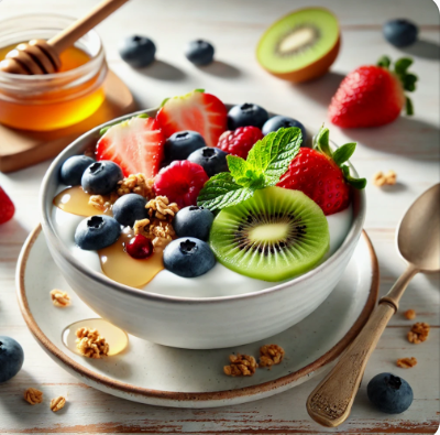 블루베리, 키위, 딸기 등 과일이 어우러진 맛있는 그릭요거트 모습