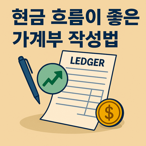 현금 흐름이 좋은 가계부 작성법을 안내하는 썸네일 이미지로, ‘LEDGER’ 문구가 있는 가계부와 펜, 상승 그래프 아이콘, 금화가 포함된 재무 관리 일러스트